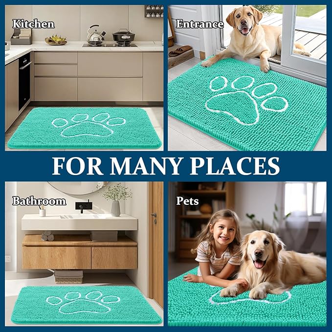 OLANLY Dog Door Mat for Muddy Paws 24x16, Paw Print Design, Absorbs Moisture and Dirt, Absorbent Non-Slip Washable Doormat, Quick Dry Chenille Mud Mat for Dogs, Entry Indoor Entryway Carpet, Teal