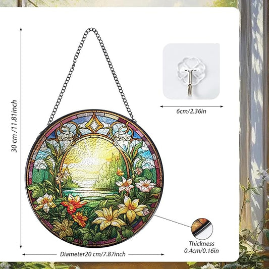 Wildflowers Stained Glass Window Hanging Decor, 7.8″ Floral Sun Catchers Stain Glass Window Hanging with Hook Indoor, Suncatcher Home Garden Art Gift for Thanksgiving Christmas Housewarming