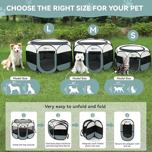 Large Dog Cat Playpen, Puppy Pet Playpen Indoor for Dog Crate Tent Cage Outdoor, Portable Pop Up Dogs Enclosure Kennel with Carrying Case for Dogs/Cats/Rabbits, Grey