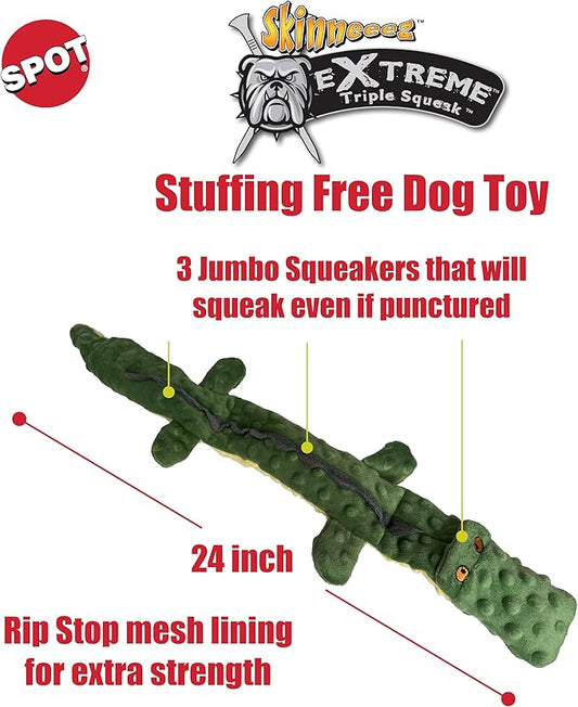SPOT Skinneeez Extreme Triple Squeak Crocodile - Durable, Stuffing-Free Dog Toy with Rip-Stop Mesh & 3 Jumbo Squeakers, For Aggressive Chewers - Perfect for Medium to Large Dogs & Puppies, 24 inch