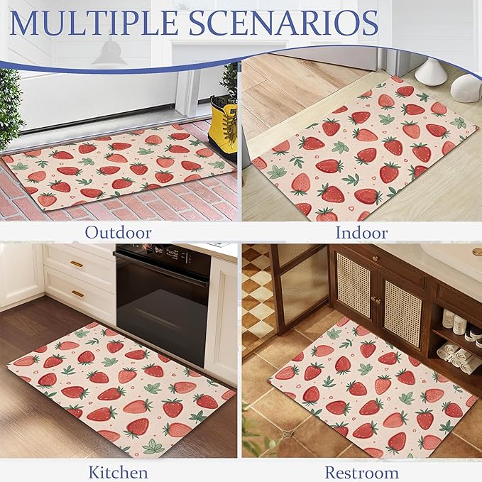 Watercolor Strawberry Front Door Mat,Anti-Slip Pink Sweet Fruits Entrance Indoor Rug Mat,Low Profile Door Mat Entrance,Doormats for Home Kitchen Bedroom Porch, Hallways 30 x 17 Inch