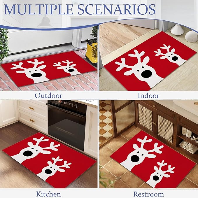 Cute Reindeer Front Door Mat,Anti-Slip Christmas Red Entrance Indoor Rug Mat,Low Profile Door Mat Entrance,Doormats for Home Kitchen Bedroom Porch, Hallways 30 x 17 Inch