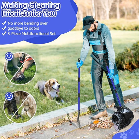 SlowTon Dog Pooper Scooper - 37.4" Long Metal Handle Adjustable Rake & Spade & Swivel Bin with 20 Waste Bags, Portable Pooper Scooper for Gravel Lawn Grass, Suit for Small Medium Large Dog