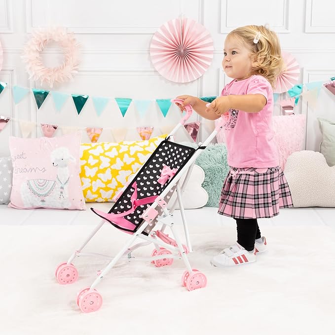 Bayer Doll Stroller Foldable Umbrella - Black & Pink Hearts, 18 inch