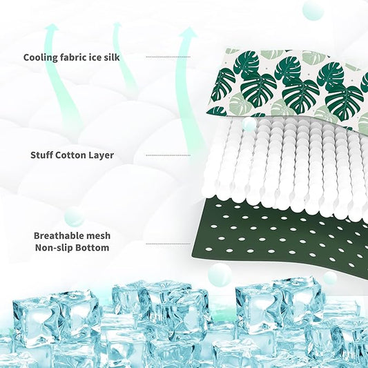 NWK Pet Cooling Mat - Ice Silk Cooling Mat for Dogs & Cats Portable & Washable Pet Cooling Blanket, Car Seats, Beds for Summer (1, Green Leaf, 16’’ X 20’’ X 0.3)