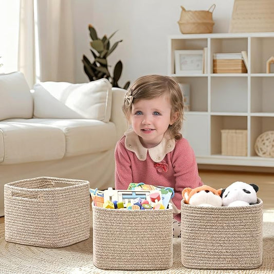 3 Pack Cube Storage Bin, 9”x9”x7” Cotton Rope Woven Baskets for Organizing Toys Clothes Towels, Square Gift Storage Baskets for Shelves, Nursery, Closet, Bathroom, Pantry (Jute)