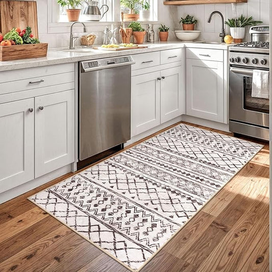 KUTA 3x5 Entryway Rug, Brown Non-Slip Washable Low-Pile Boho Moroccan Living Room Area Rug, Ultra Soft Distressed Geometric Print Throw Carpet for Entrance, Bedroom, Nursery, Dorm, Kitchen