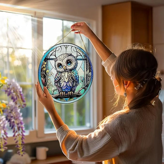 8 Inch Stained Glass Suncatcher Ornament, DOUHASU Owl Sun Catchers Indoor Window, Stained Glass Window Hanging, Home Decor, Owl Lovers Gifts for Women, Men, Friend, Relative