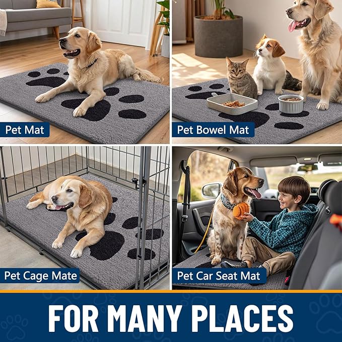 Smiry Dog Door Mat for Muddy Paws, Absorbs Moisture and Dirt, Low-Profile Entryway Mat with Non-Slip Backing, Entry Indoor Outdoor Doormat for Inside Floor (48x30 Inches, Grey, Paw)
