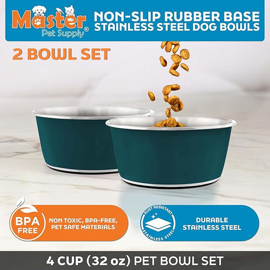 Master Pet Supply Stainless Steel Dog Bowls Set of 2 (32 Oz Each) with Non-Slip Rubber Base - Emerald Sea - Basic Dog Food Bowl Water & Food Bowls for Small Medium Large Dogs & Cats, Metal Dish
