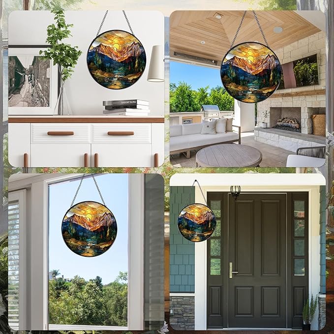 Sun Mountains Stained Glass Window Hanging, 7.8″ Sun Catchers with Hook Indoor Window Decor, Decorative Suncatchers Home Garden Art Gift for Thanksgiving Christmas Housewarming
