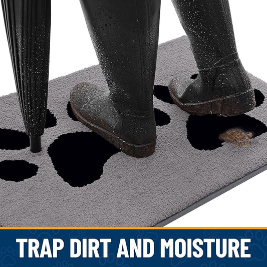 Smiry Dog Door Mat for Muddy Paws, Absorbs Moisture and Dirt, Low-Profile Entryway Mat with Non-Slip Backing, Entry Indoor Outdoor Doormat for Inside Floor (47x24 Inches, Grey, Paw)