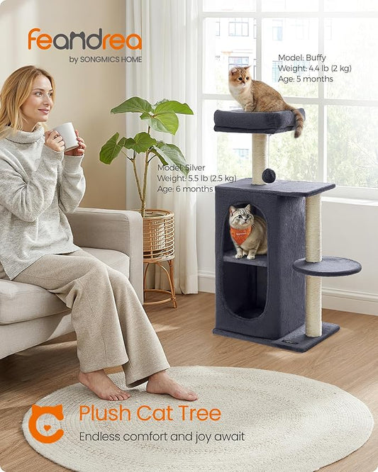 Feandrea Cat Tree, Small Cat Tower for Indoor Cats, Plush Cat Caves with Perch, Scratching Posts, for Small Spaces, Kittens, Dark Gray UPCT005G02