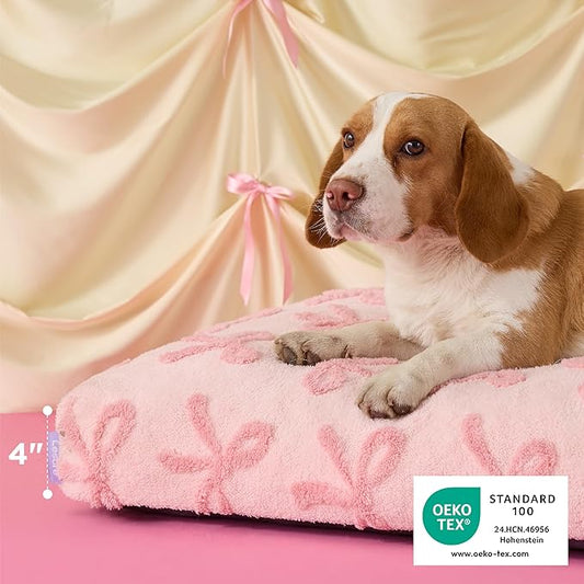 LE SURE Large Dog Beds-Thick Shredded Chopped Foam Pet Bed as Gift for Indoor with Removable Cover, Cute Modern Fuzzy Plush & Anti Slip Bottom,Bow Pink