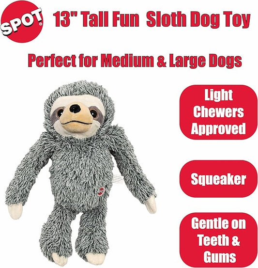 SPOT Fun Sloth Dog Toy - Soft, Stuffed, Squeaky, Plush Fabric Toy for Medium and Large Dogs and Puppies, Enrichment for Light Chewers and Cuddlers, 13in