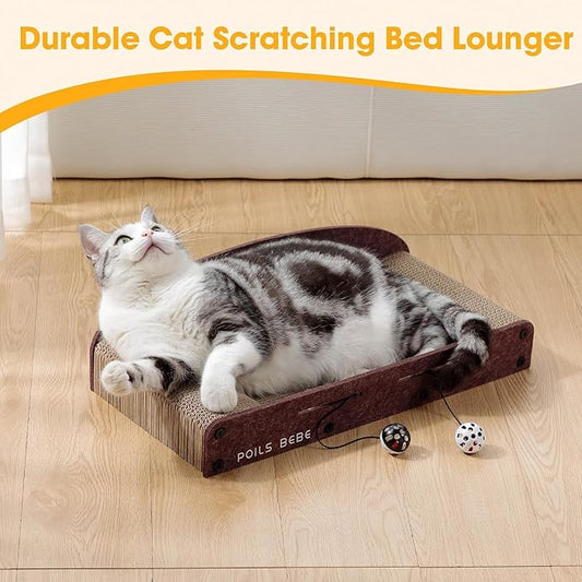Poils Bebe 26 Inch Sofa Cat Scratcher, Small Cat Scratcher Cardboard with Bell Balls, Durable Couch Lounger for Indoor Cats, Cat Scratch Furniture Protector with Catnip, Cat Toys
