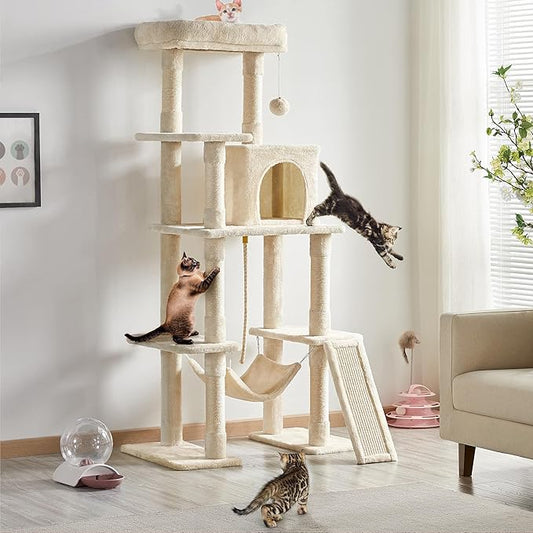 Topeakmart 63in Cat Tree, Large Cat Tower Furniture with Cat Condo, Padded Platform & Sisal-Covered Scratching Post, Stable Cat Tower Pet Play House