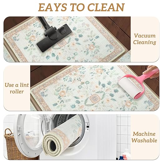 RORA Stair Treads Landing Mat Non-Slip Stair Treads Matching Mat for Wooden Steps Indoor,Bullnose Carpet Stair Floral Stair Rugs Washable Stair Carpet for Pets,30"x30",Beige,1pcs