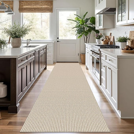 KOZYFLY Runners for Hallways 3x10 ft Washable Kitchen Runner Non Slip Rubber Backed Hallway Rugs Cotton Entryway Runner Rug Floor Carpet for Indoor Hall, Backdoor, Kitchen, Ivory/Khaki