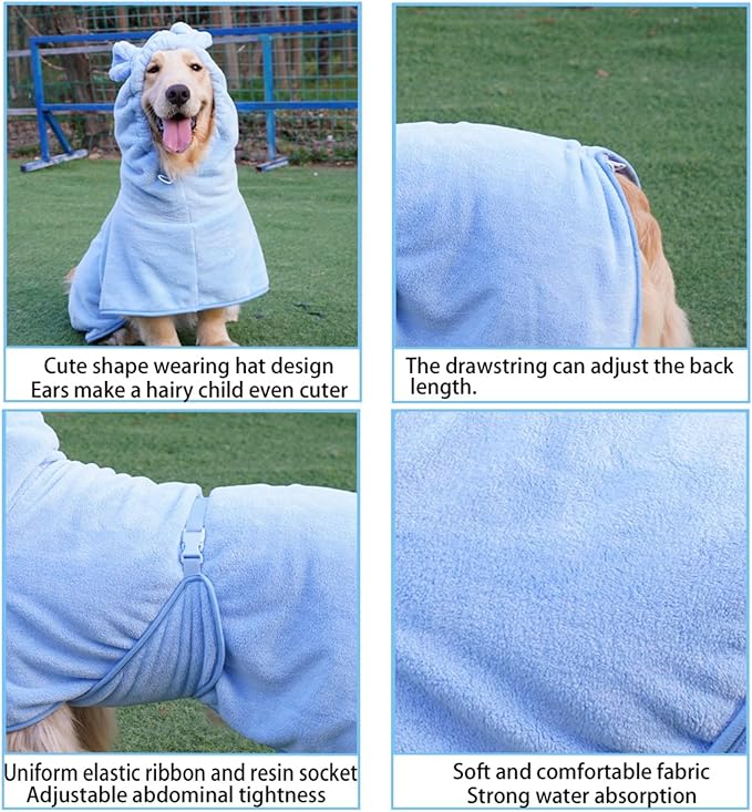 Dog Bathrobe Towel, Cat Bathrobe Microfiber Fast Drying Absorbent Hooded Bath Towel for Puppy Small Medium Large Dog Cat(Blue,S)