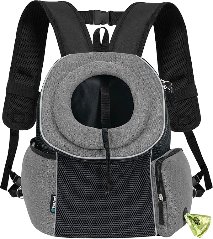 PetAmi Front Carrier Backpack for Dogs and Cats - Ventilated Adjustable Pet Chest Carrier for Hiking, Camping, Travel - Small to Medium Pets Up to 10 lbs - Grey