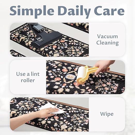 RORA Bullnose Carpet Stair Treads Non-Slip Stair Treads for Wooden Steps,Washable Stair Carpet,Floral Stair Rugs,Runner Indoor Stair Mats for Pets Elder,2pcs,29.5 ''x9.5 ”x1.5 '',Black