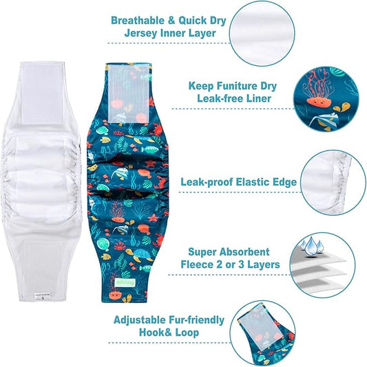 wegreeco Small Dog Diapers Male,Reusable Belly Bands for Male Dogs,Washable Doggie Puppy Diapers Wraps,Medium Large Size (5 Pack Medium, Marine Animal)