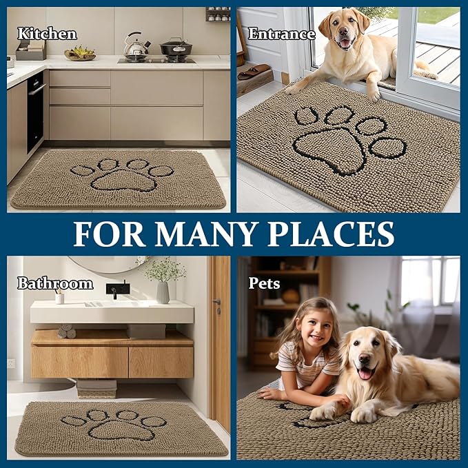 OLANLY Dog Door Mat for Muddy Paws 47x24, Paw Print Design, Absorbs Moisture and Dirt, Absorbent Non-Slip Washable Doormat, Quick Dry Chenille Mud Mat for Dogs, Entry Indoor Entryway Carpet, Tan