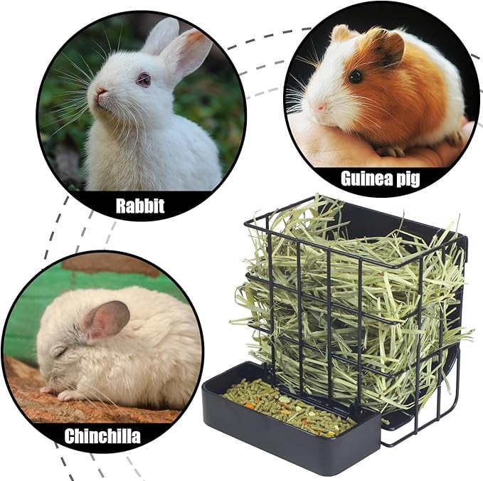 Rabbit Hay Feeder Guinea Pig Hay Feeder with Hook Heavy-Duty Metal Frame Upgrades Hay Rack,Reduce Waste Hay Holder,for Bunny,Rabbit,Chinchilla,Guinea Pig Cage Accessories-6.8x6.7x6.6inch(Black)