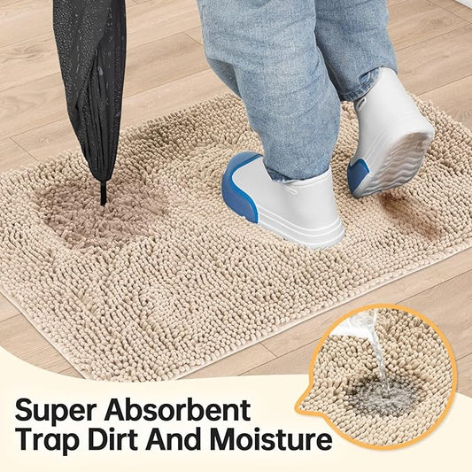 Absorbent Dog Door Mat for Muddy Paws, 60" x 48" Chenille Indoor Mats for Entryway, Trap Dirt Front Door Mat Indoor Entrance Washable Non Slip Soft Beige