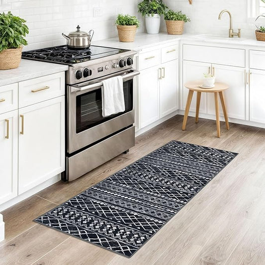 KUTA Boho Vintage Hallway Runners 2x5 ft Black Moroccan Washable Runner Rug Non-Slip Kitchen Rug Ultra Soft Distressed Geometric Floor Carpet for Bedroom Laundry Living Room