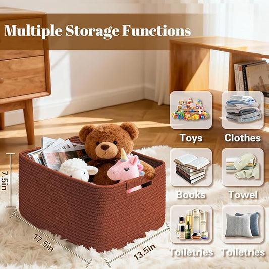 2 Pack Large Storage Basket for Organizing, 17.5"x13"x7" Woven Basket for Shelves, Closet Cube Storage Bins with Wrapped Handle, Cotton Rope Baskets for Kitchen, Clothes, Toys(Oxide Red)