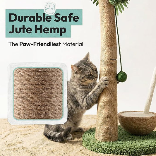 33" Tall Cat Scratching Post, Natural Jute Cat Scratcher for Indoor Cats,Coconut Tree & Straw Design with Hanging Toy Ball & Rest Platform,Stable Furniture Protector for Kittens & Adult Cats,M