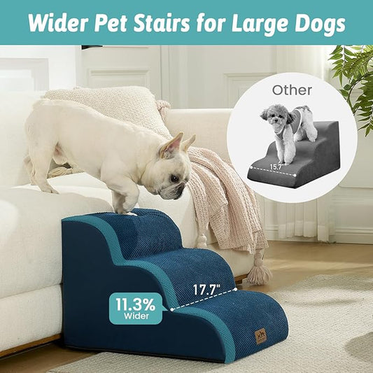 Wide Dog Stairs for Small Dog 15.7" H, Pet Step for Puppy, Older Cat, Curved Ramp for Couch, Durable Anti-Slip Ladder with High Density Foam, 3 Step, 17.7x22.4x15.7 inch, Navy Blue