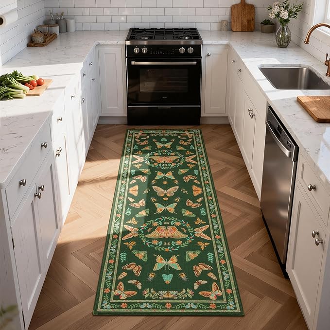 Unirea 2x6 Dark Green Runner Rug, Washable Non Slip Insect Botanical Rug for Hallway, Kitchen, Bathroom, Laundry Room, Entryway, Bedroom, Soft Boho Door Mat Indoor Entrance Bug Rugs, Low Pile Carpet