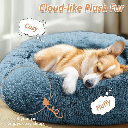 JOLLYVOGUE Calming Dog Bed Medium Size Dog, Anti-Anxiety Donut Medium Pet Bed, 27 inches Fluffy Faux Fur Round Cat Bed (Blue)