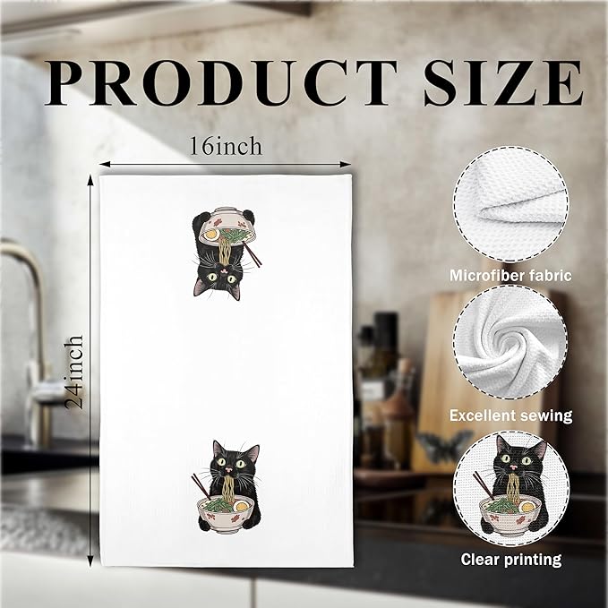 Funny Noodle Black Cat Kitchen Towels, Black Cat Mom Lady Gifts for Women Dish Tea Towels, Pet Lover Gifts Hand Towels for Kitchen, 16x24 Inch