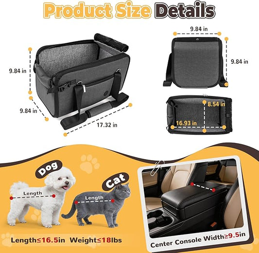 YUDODO Large Dog Car Seat for Center Console (Width>9.5in) Fits 10-18lbs, Anti-Slip Puppy Cat Travel Portable Booster Seat, Luxury Pet Car Bed Carseat PU Leather Gray