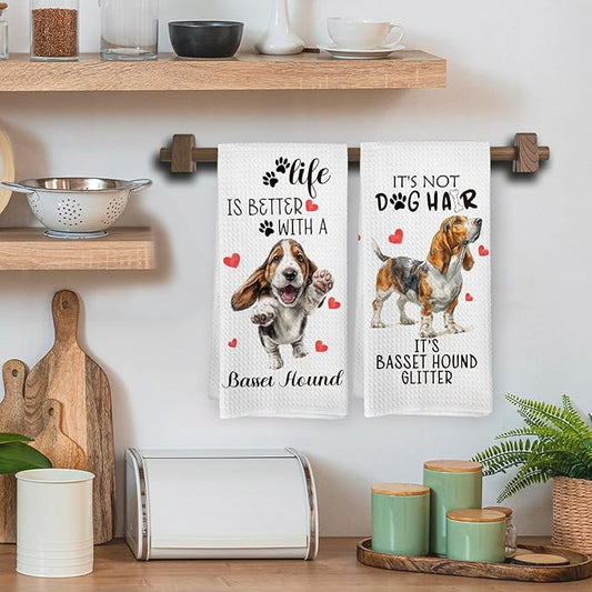 Basset Hound Gifts Kitchen Towels Set of 2, Funny Dog Hand Towels for Bathroom Kitchen Decor, Basset Hound Gifts for Women Dog Owners, Gift forDog Lovers Moms Dishcloths Dish Towel 16X24 Inches