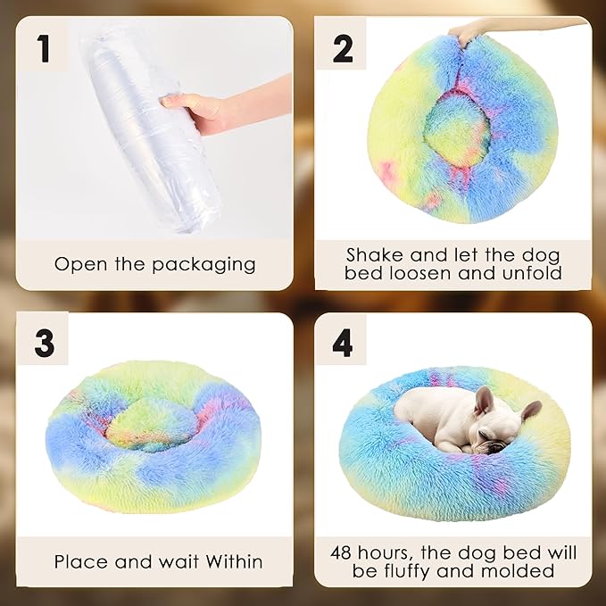 Dogs Bed for Small Dogs, Anti-Anxiety Washable Round Bed (Rainbow, 24.0" L x 24.0" W x 8.0" Th)