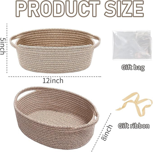 Woven Basket,Small Rope Storage Bin with Handles & Ribbon Bag, Organizer for Shelves Closets,Gift Basket Empty for Birthday,Books,Dog Toys,Oatmeal