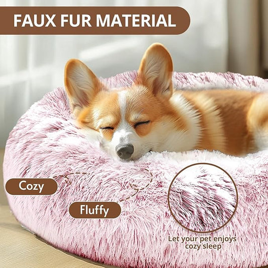 JOLLYVOGUE Calming Dog Beds Large Sized Dog, 36in Donut Washable Large Pet Bed, Anti-Slip & Anti-Anxiety Fluffy Faux Fur Round Dogs Bed, Fits up to 80 lbs Pets (Smoke Pink)