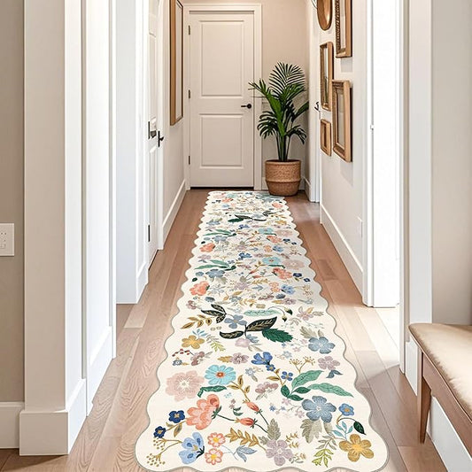 Washable 3x12 Hallway Runner Rug: Soft Floral Scalloped Runners for Entryway Kitchen Nursery Non Slip Bathroom Laundry Floor Mat Water Resistant Light Weight Carpet for Living Room Bedroom(3x12,Cream)