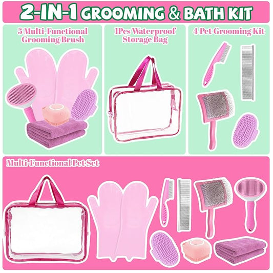8PCS Dog Slicker Brush for Dogs Grooming Kit,Bath Grooming Kit for Pets,Hair Brush Set with Towel,Washing Gloves,Slicker Comb,and Shampoo Scrubber Brush for Small and Large Dogs and Cats Cats(Pink)