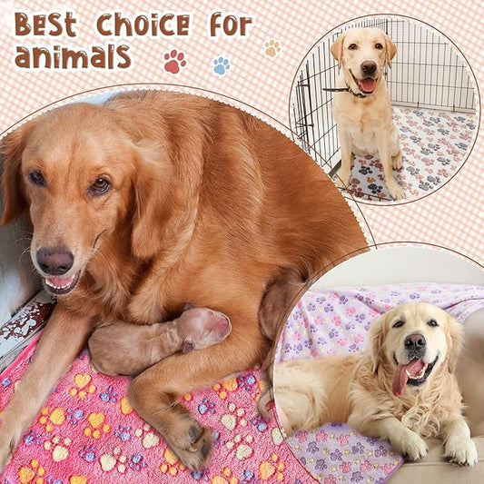 Tatuo 4 Pcs Dog Blanket for Pet Cat Blankets Indoor Puppy Teething Stuff Toys Paw Print Fleece Soft Blanket Sleep Mat for Guinea Pig Cage(White, Coffee, Pink, Purple,XXX-Large(51 x 63 Inch),Square)