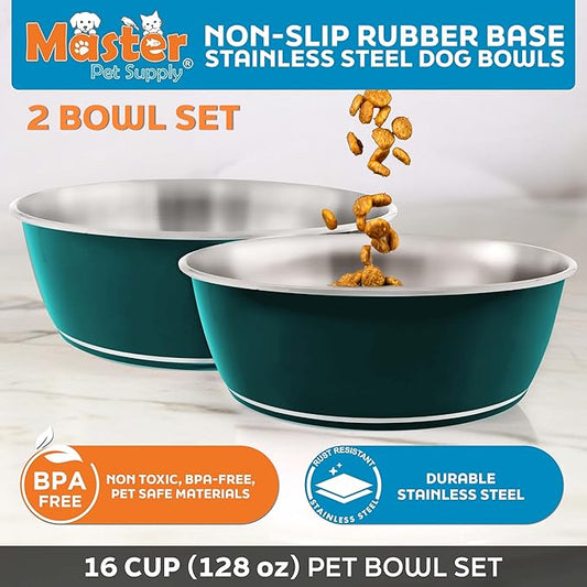 Master Pet Supply Stainless Steel Dog Bowls Set of 2 (128 Oz Each) with Non-Slip Rubber Base - Emerald Sea - Basic Dog Food Bowl Water & Food Bowls for Small Medium Large Dogs & Cats, Metal Dish