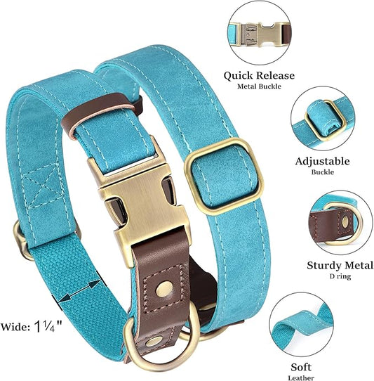 Didog Soft PU Leather Dog Collar for Large Dogs,Classic Adjustable Wide Dog Collars with Quick Release Metal Buckle,Easy Clean and Comfortable with Nylon Lining,Light Blue,XL Neck 20-27", Width 1.2"