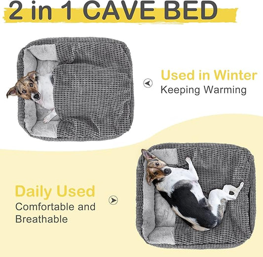 GASUR Dog Beds for Large Medium Small Dogs, Rectangle Cave Hooded Blanket Puppy Bed, Luxury Anti-Anxiety Orthopedic Cat Beds for Indoor Cats, Warmth and Machine Washable (25 inches, Grey)