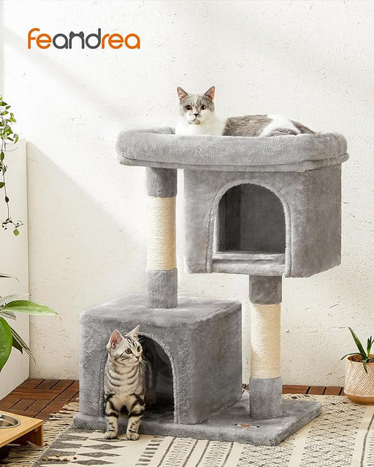 Feandrea Cat Tree, 33.1-Inch Cat Tower, Plush Condo for Large Cats up to 16 lb, Large Perch, 2 Caves, Scratching Post, Light Gray UPCT61W