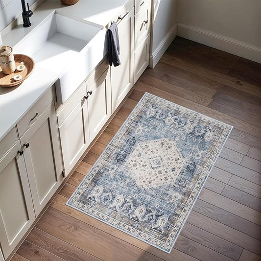Washable Living Room Area Rug - 2x3 Small Bedroom Rugs Vintage Rustic Style Carpets with Non Slip Backing Distressed Floor Mat for Dining Room Kitchen Bathroom (Aqua Blue, 2'x3')